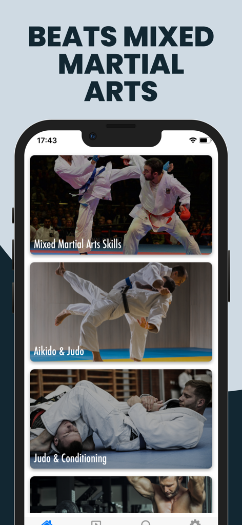 Beats Mixed Martial Arts app interface showing training categories for MMA skills and Judo conditioning