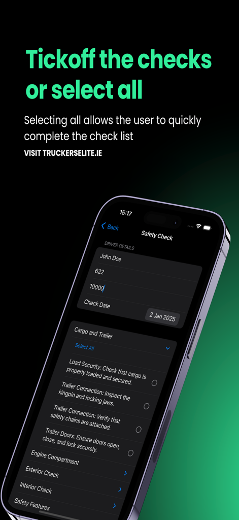 A smartphone displaying the WalkAround Checks app with a vehicle safety checklist for cargo and trailer inspections.