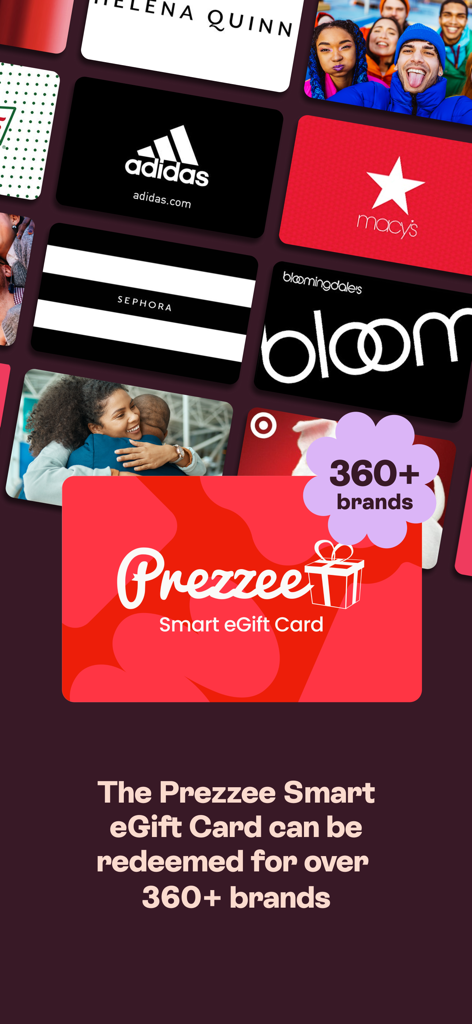 Prezzee Smart eGift Card showing compatibility with over 360 brands like Adidas and Sephora