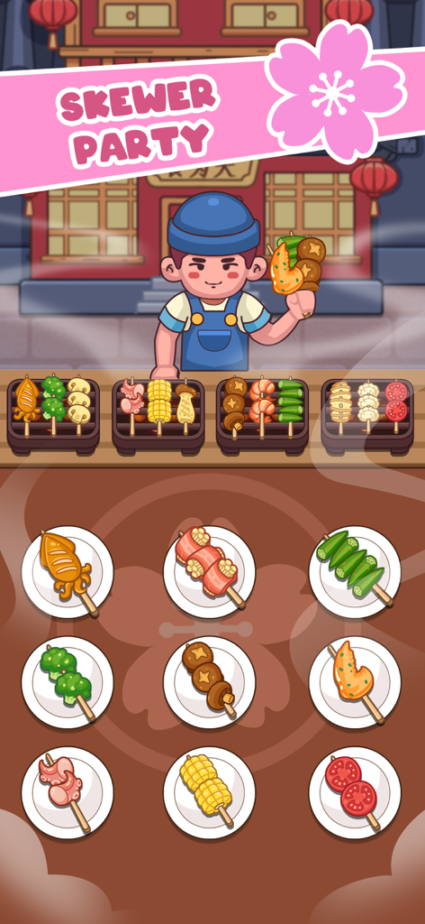BBQ Sort Skewer Match Puzzle gameplay screen featuring food skewers on plates and grills with a cute vendor character