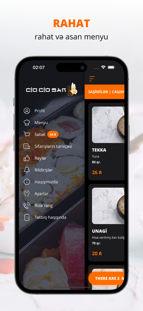 Chio Chio San Baku app showing the menu and side navigation.