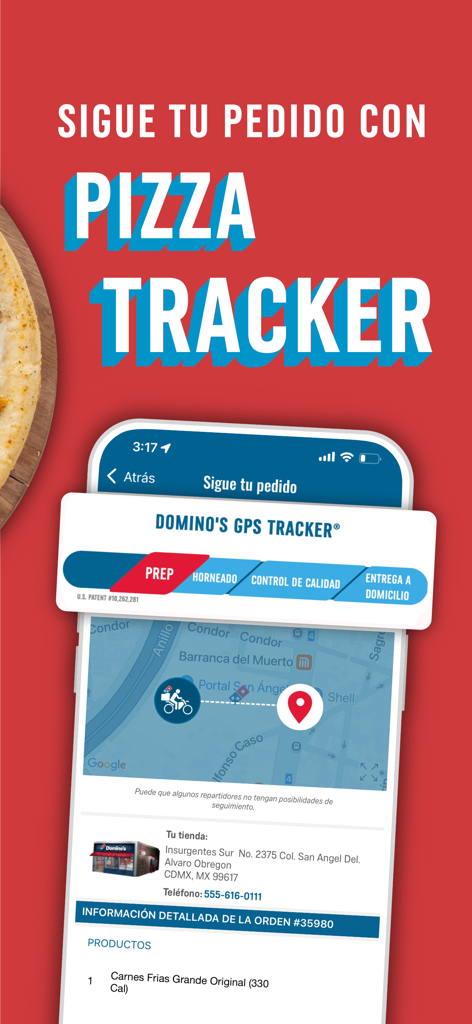 Domino's Pizza México - Real-time GPS order tracking interface on the Dominos Pizza Mexico mobile app.