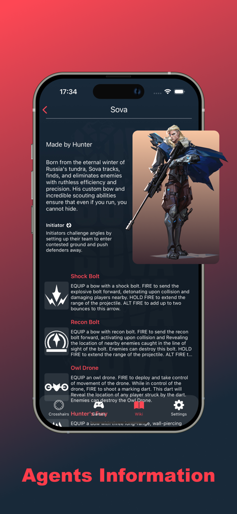 Detailed agent profile for Sova in the Valo AIM app showing character description and ability details.