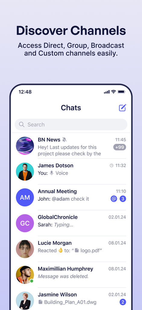 Sceyt Chat - Sceyt Chat iOS app interface showing a list of direct and group chat channels with message previews and file sharing