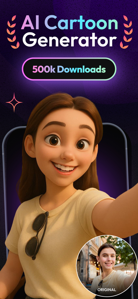 Toon AI: Cartoon photo editor - Una comparación lado a lado de una selfie original de una mujer y su versión de caricatura generada por IA en un estilo de animación 3D.