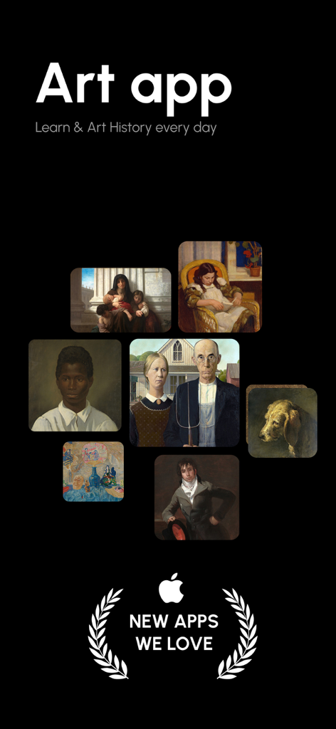 LearnArt app interface featuring a collage of famous paintings for daily art history learning.
