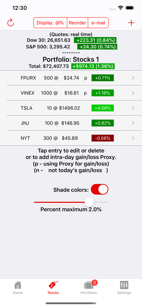 Watch My Stocks - Watch My Stocks app interface showing a color coded stock portfolio on iPhone