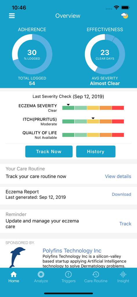 EczemaLess, an AI Eczema Guide - EczemaLess app home screen displaying eczema severity levels and adherence tracking