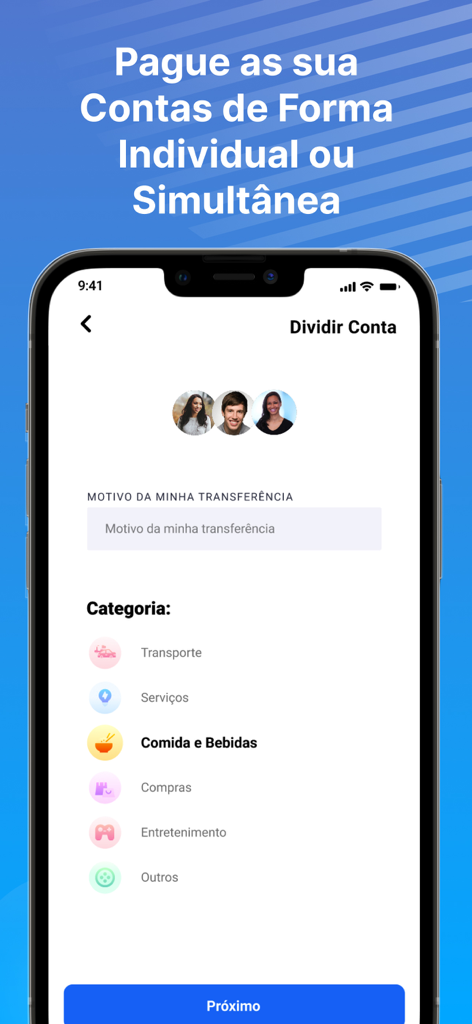 VOLET - Pantalla de la aplicación móvil VOLET que muestra opciones para dividir facturas y categorizar pagos