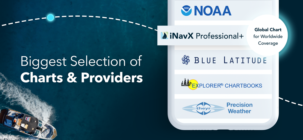 iNavX app interface displaying various marine chart providers and global coverage