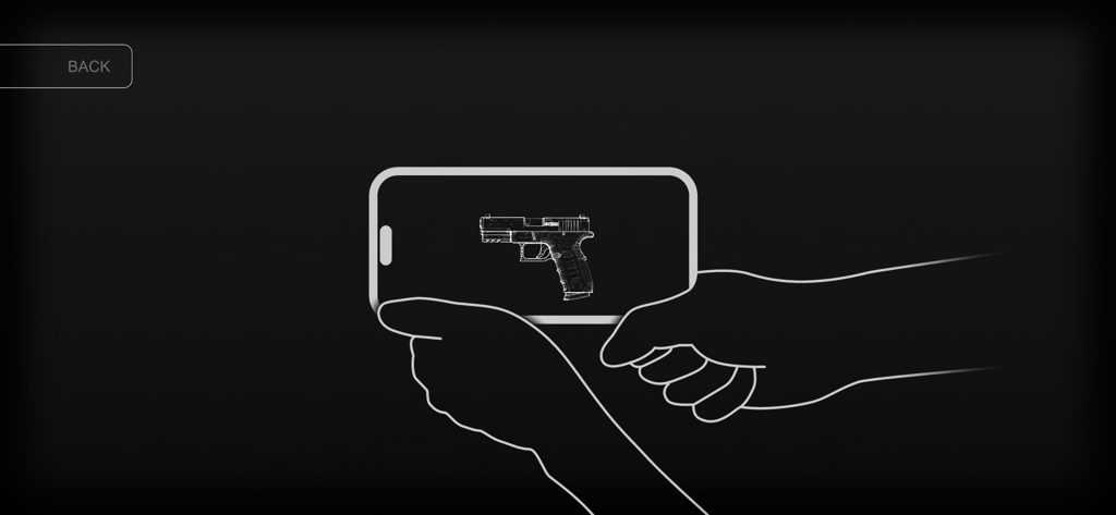 Illustration of hands holding a smartphone horizontally with a handgun icon on the screen