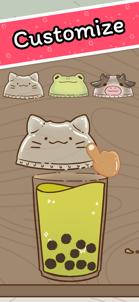 Boba Story - ボバストーリーアプリで、かわいい猫やカエルの動物の蓋でボバティーのドリンクをカスタマイズしている様子