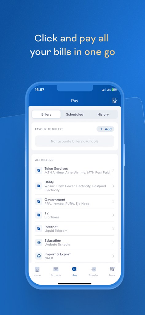 Bank of Kigali Mobile Banking - Bank of Kigali Mobile Banking app bill payment interface showing service categories like Telco and Utilities