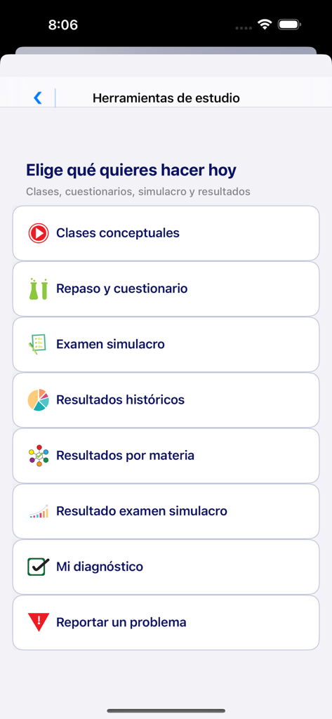Mi guia UNAM PRO - Menu degli strumenti di studio nell'app Mi guia UNAM PRO che mostra simulazioni d'esame e opzioni di risultati