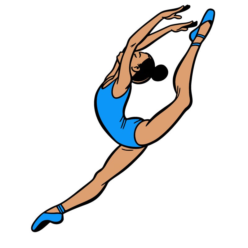 gymnast doing a leap in a leotard with a bent back leg