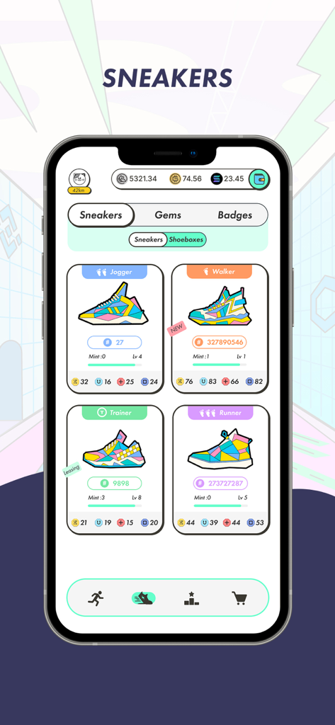 Interface de l'application STEPN montrant un inventaire de baskets NFT numériques, y compris les types Jogger, Walker, Trainer et Runner avec leurs niveaux et statistiques respectifs
