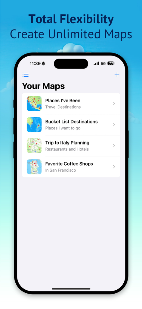 My Travel Map: Trip Tracker - Smartphone-Bildschirm mit einer Liste von personalisierten Reisekarten wie Bucket List und Reise nach Italien Planung.