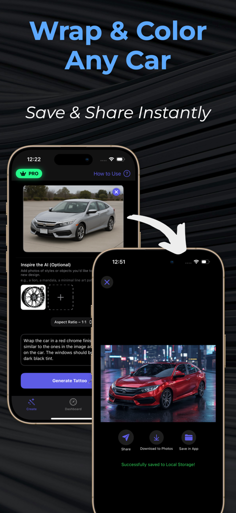 Car Mod & Tuning AI - Paul - Interfaz de la aplicación móvil de Car Mod y Tuning AI que muestra una transformación de vinilo de color de coche y opciones para compartir