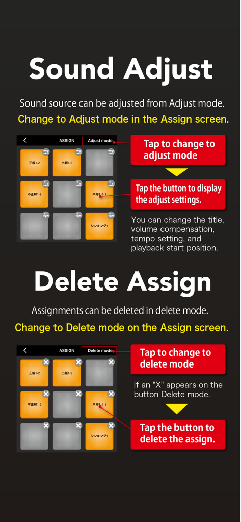SoundPad Pro - Interface do SoundPad Pro mostrando instruções para ajustar configurações de som e excluir atribuições de pads.