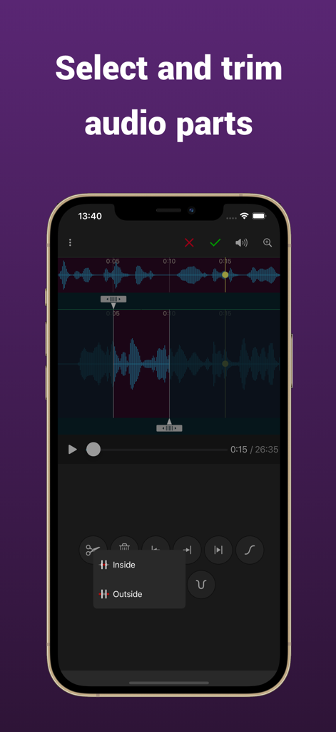 Add Music To Voice - Mobile app interface for selecting and trimming audio parts with waveform visualization.