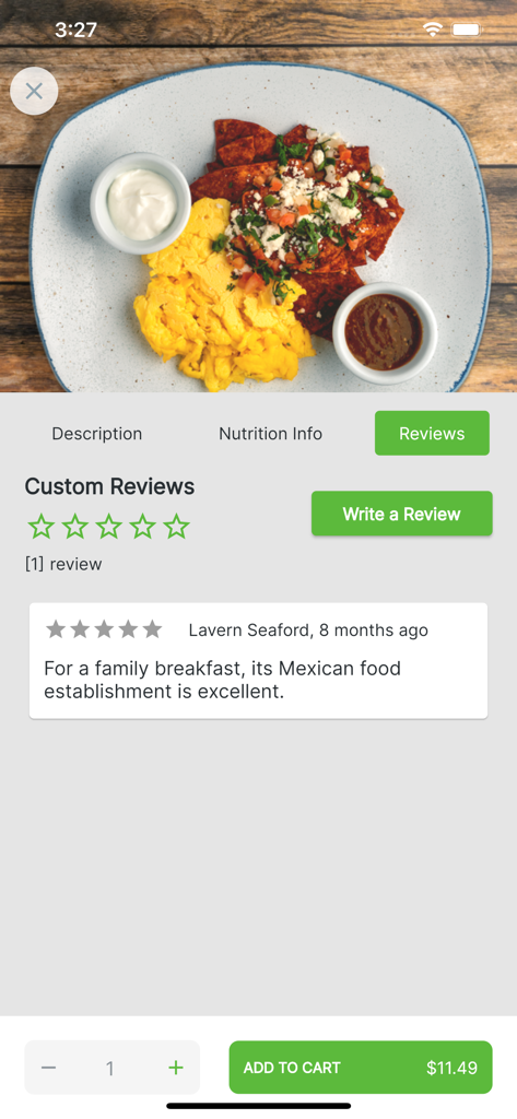 Interface do aplicativo Max Fit Meals mostrando avaliações de uma refeição mexicana saudável de café da manhã