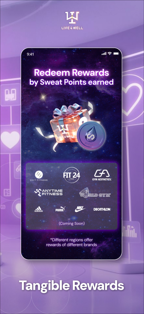 Live4well - Tela do aplicativo Live4well mostrando como resgatar recompensas de marcas de fitness usando Pontos de Suor.