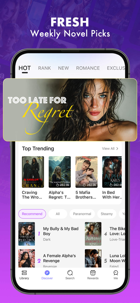 Dreame app discover screen showing trending romance novels and werewolf stories