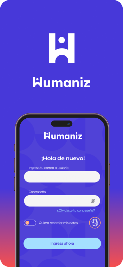 Humaniz App - Login screen of the Humaniz app with fields for email and password in Spanish