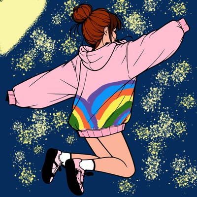 realistic girl jumping with a bun and oversized sweatshirt