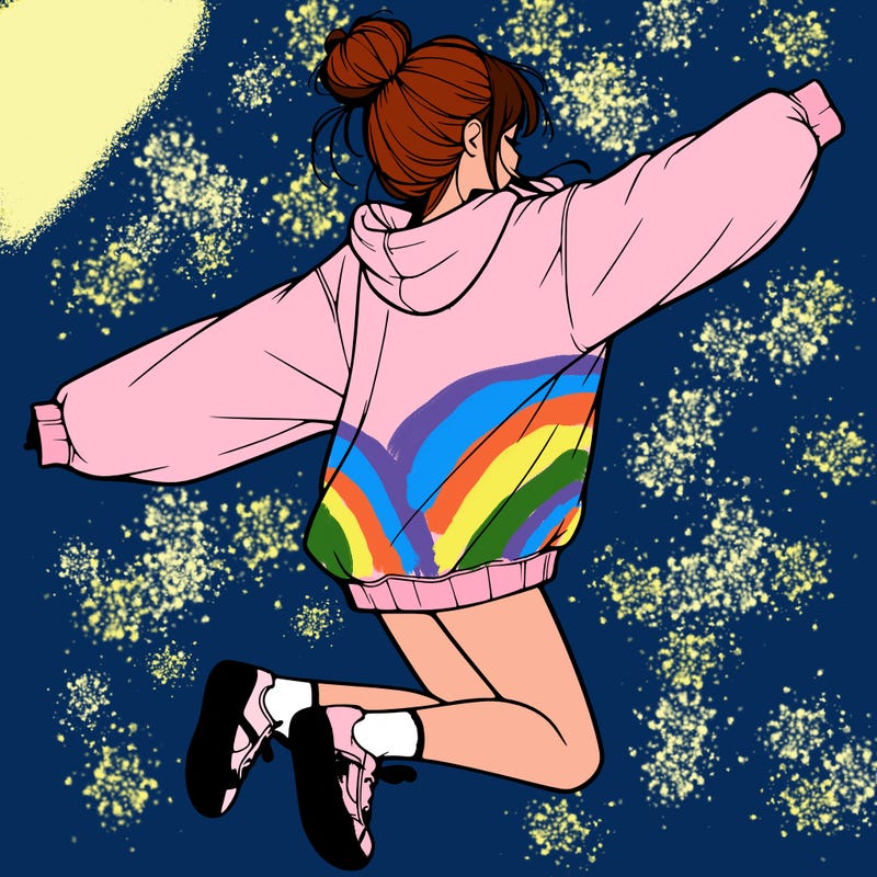 realistic girl jumping with a bun and oversized sweatshirt