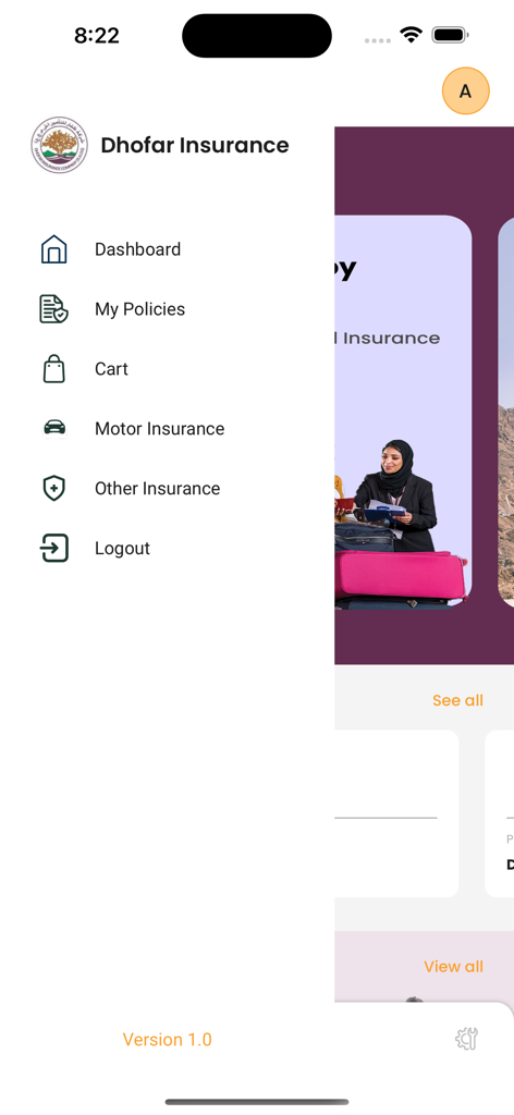 Dhofar Insurance - Sidebar navigation menu of the Dhofar Insurance mobile app