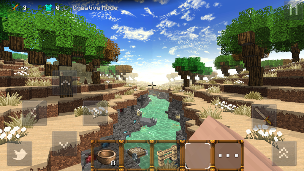First-person view of a blocky savanna landscape featuring a river with a rhino and game interface elements.