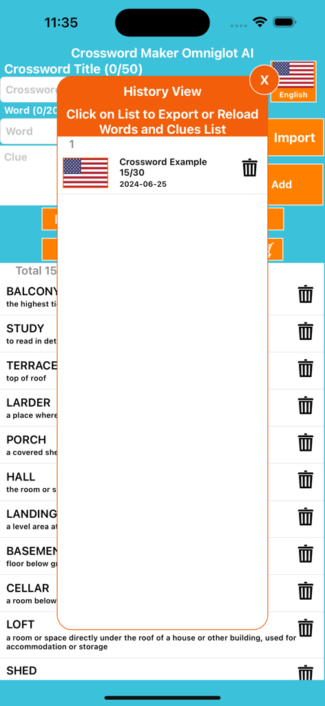 Crossword Maker Omniglot - History screen of the Crossword Maker Omniglot app showing a list of saved crossword puzzles.