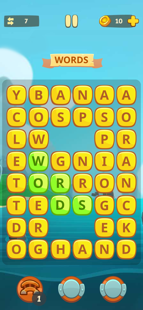 Word Chest - Connect Letters - Uma grade de quebra-cabeça de conexão de palavras no aplicativo móvel Word Chest mostrando letras destacadas para formar uma palavra