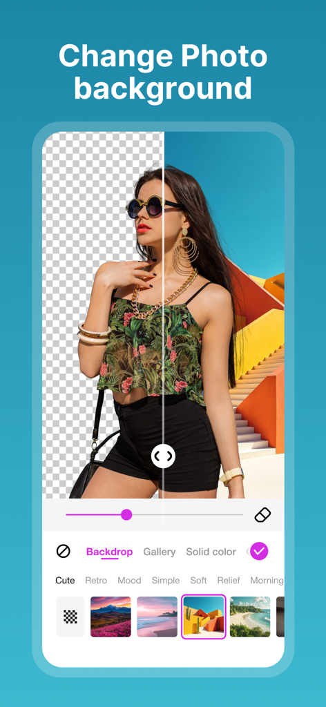 Collage Maker - Photos Editor - Interface de aplicativo móvel mostrando uma comparação de antes e depois de um recurso de remoção e substituição de fundo de foto.