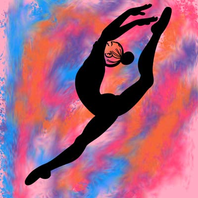 gymnast doing a leap in a leotard with a bent back leg