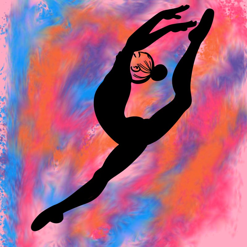 gymnast doing a leap in a leotard with a bent back leg