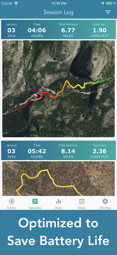 Hiking session log showing distance time and vertical stats with satellite map tracks