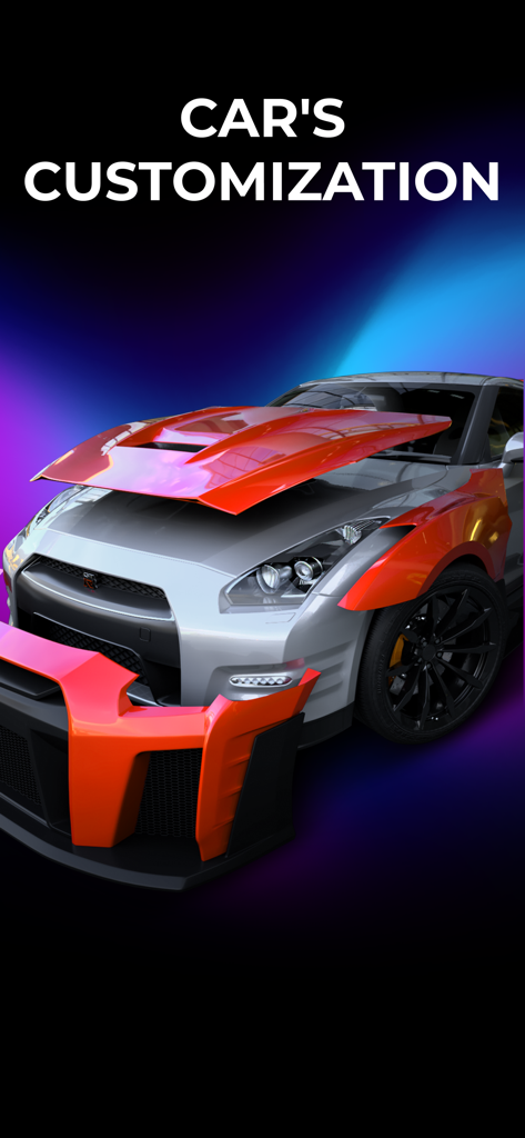 Formacar: Buy Car & Customize - 3D car customization interface showing orange tuning parts on a silver sports car