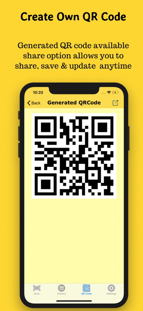 QR-Code Scan - A smartphone screen displaying a generated QR code within the app interface on a yellow background