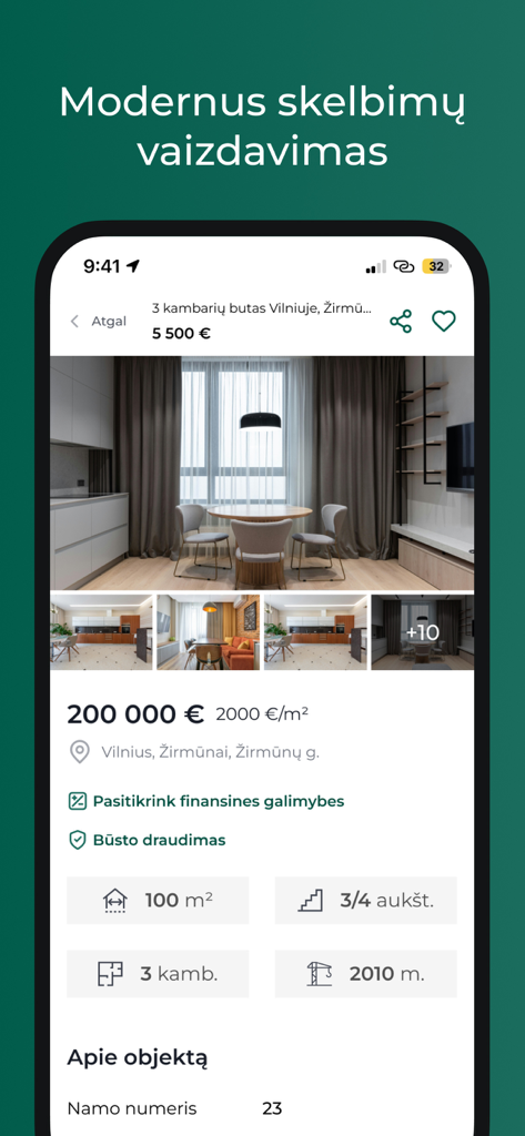 Domoplius.lt - Screenshot of the Domoplius.lt mobile app displaying a modern apartment listing in Vilnius with price, photos, and property specifications
