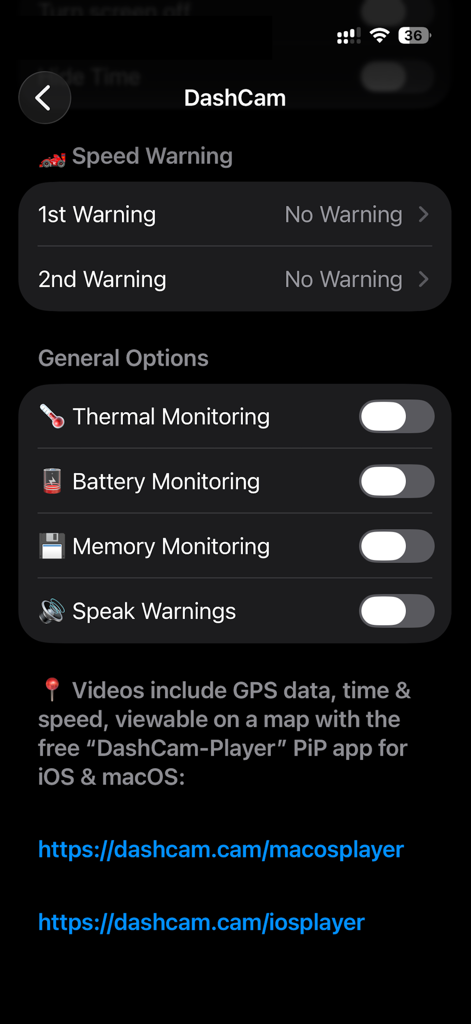 Settings screen of the DashCam Recorder app showing system monitoring and speed warning options