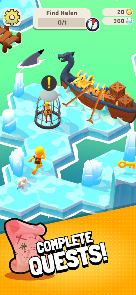 Survival Games - Questopia - Questopia 생존 게임에서 보물선 근처의 구조 퀘스트를 완료하기 위해 얼어붙은 섬을 탐험하는 캐릭터