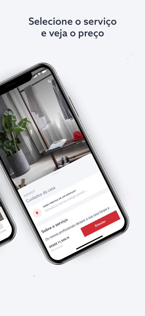 FIXO – Serviços para a casa - Smartphone displaying the FIXO app screen for selecting home care services and viewing hourly rates