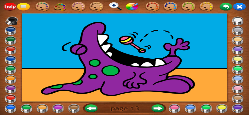 A purple monster with green spots on a digital coloring page with paint tools