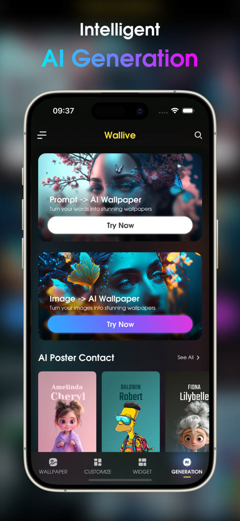 Wallive: 4K Wallpaper & Widget - Interfaz de la aplicación Wallive mostrando generación de fondos de pantalla IA inteligente y funciones de contacto de póster para iPhone