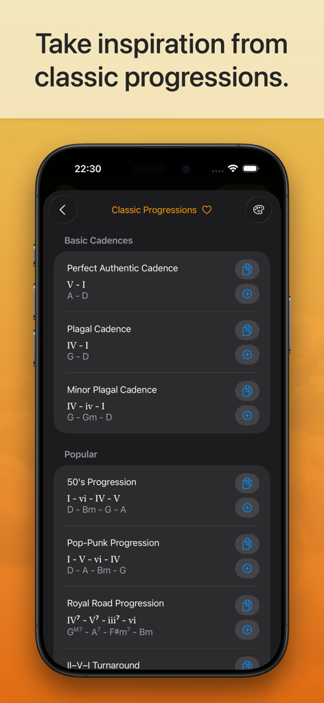 Suggester 2 : Chords & Scales - Eine Liste klassischer Akkordfolgen und Kadenzen in der Suggester 2 App-Oberfläche