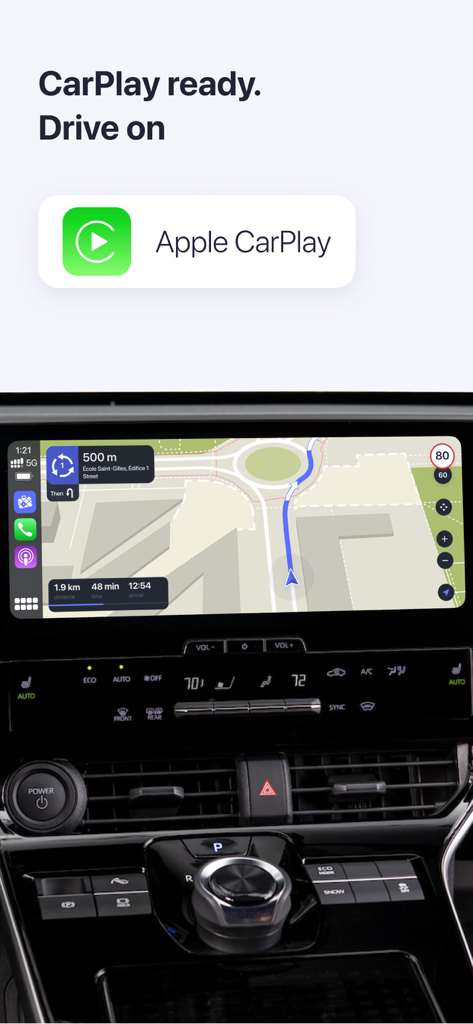 MAPS.ME navigation interface on an Apple CarPlay car dashboard.