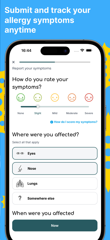 Melbourne Pollen Count - Melbourne Pollen app interface showing a symptom reporting form with a severity scale and affected body parts