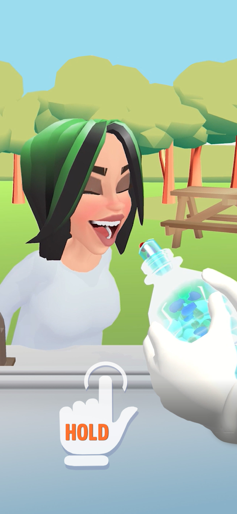 Un personaje con pelo verde esperando probar miel congelada exprimida de una botella